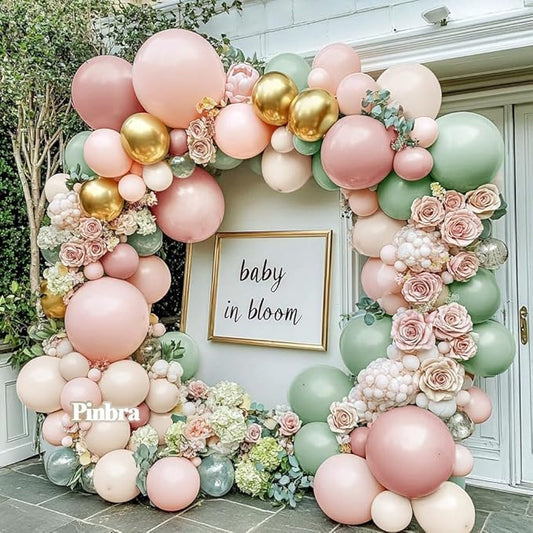 Dusty Green Pink Balloon Arch Double Stuffed Pastel Baby Pink Light Green White Cream Balloon Metallic Gold Latex Balloons for Baby in Bloom Bridal Shower Birthday Wedding Easter Party Decorations