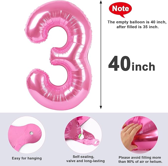 Numbers Balloon 3, 40 Inch Large Pink Balloon for Three Year Old Birthday Decor, 3 13 30 31 Birthday Party Decorations for Wedding Supplies