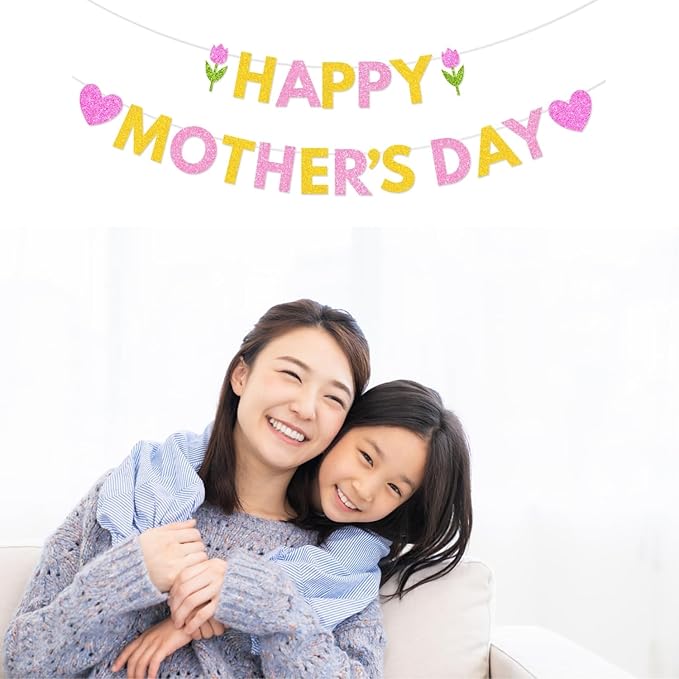Happy Mother's Day Banner Set Decoration for Mother's Day Party Decorations Backdrop Garland for Mom Mother's Day Glitter Garland Photo Props (Pink Tulip Heart)