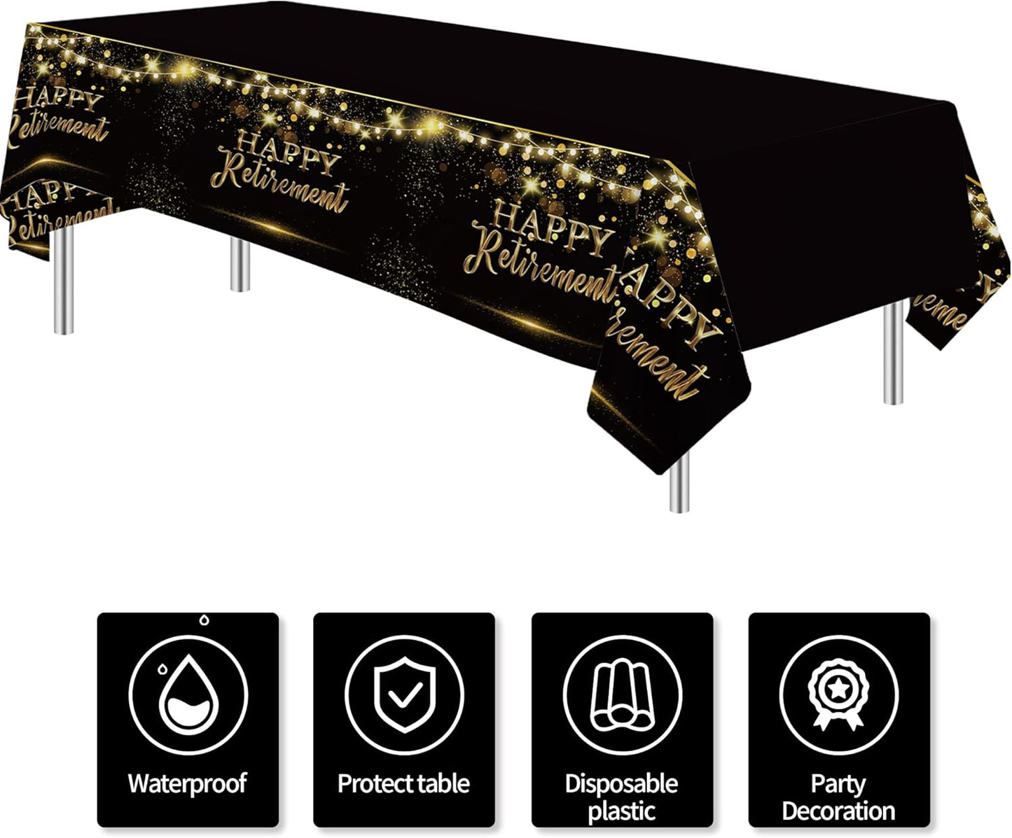 3 Pack Retirement Decorations Party Supplies Tablecloth - Gold Black Happy Retirement Decorations Table Cover for Men Women, 54in x 108in