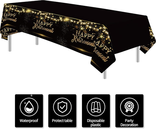 3 Pack Retirement Decorations Party Supplies Tablecloth - Gold Black Happy Retirement Decorations Table Cover for Men Women, 54in x 108in