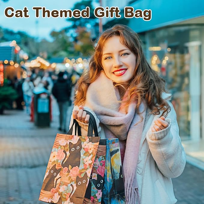 Wovnet 30 Pcs Spring Black Cat Gift Bags with Handles Kitty Flowers Theme Tote Bags Reusable Non Woven Floral Party Favors Goodie Treat Bag for Cat Lover Gifts Aesthetic 10 x 8 x 4in