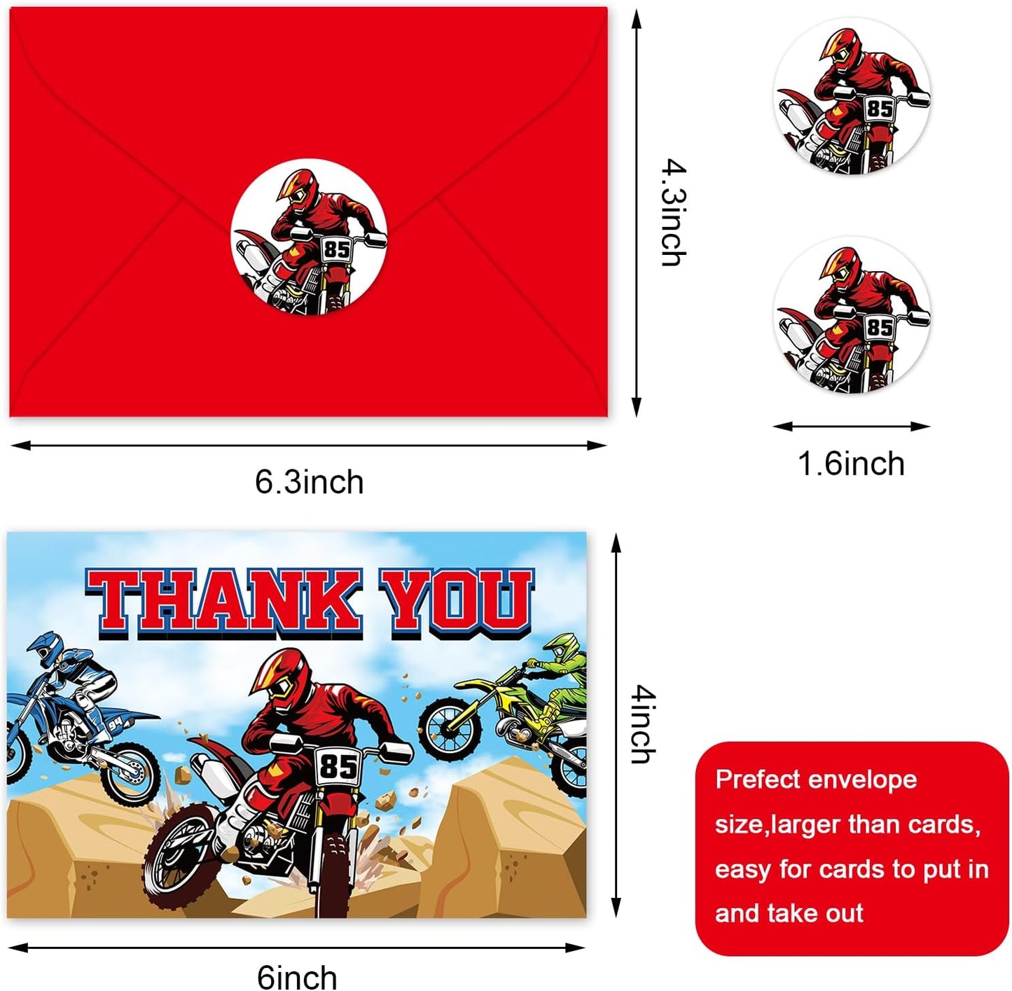 24 Pack Motorcyclist Thank You Cards Dirt Bike Greeting Cards With Envelopes Stickers Red Motocross Blank Note Card for Birthday Baby Shower