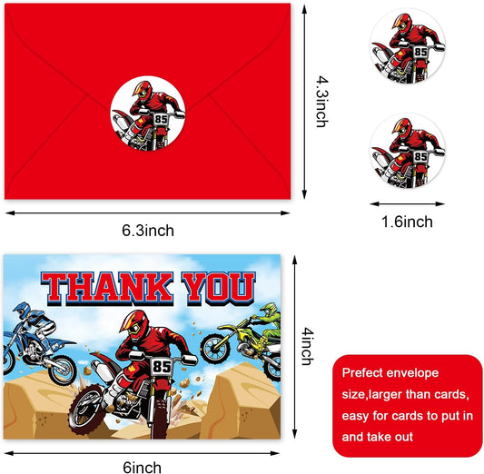 24 Pack Motorcyclist Thank You Cards Dirt Bike Greeting Cards With Envelopes Stickers Red Motocross Blank Note Card for Birthday Baby Shower