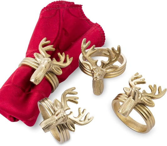 MyGift 4 Pc Deer Head Brass Napkin Rings, Decorative Brass-Tone Cast Aluminum Reindeer Ring for Dinner Napkins, Elk Shaped Cloth Serviette Holder - Handcrafted in India
