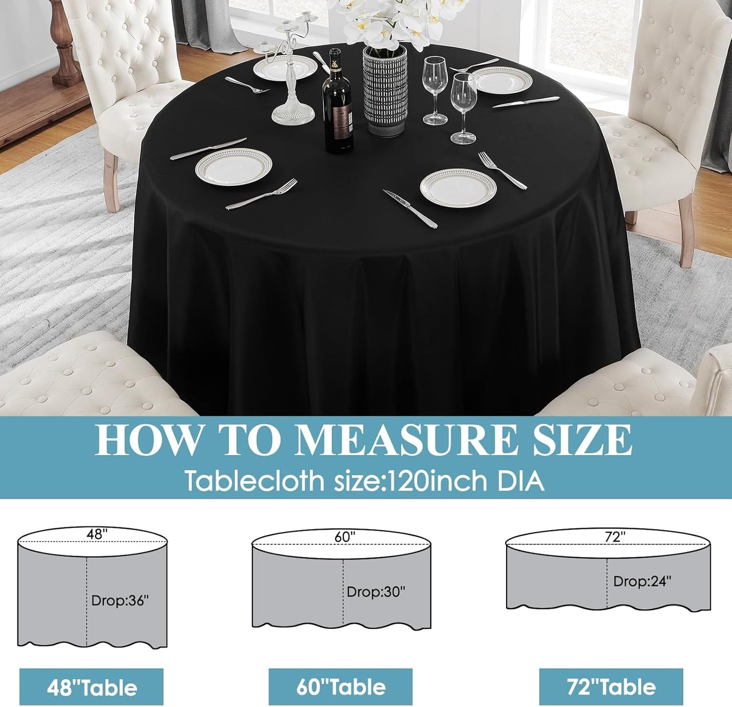VidaFete 6 Pack 120inch Round Tablecloth Polyester Table Cloth，Stain Resistant and Wrinkle Polyester Dining Table Cover for Kitchen Dinning Party Wedding Rectangular Tabletop Buffet Decoration(Black)