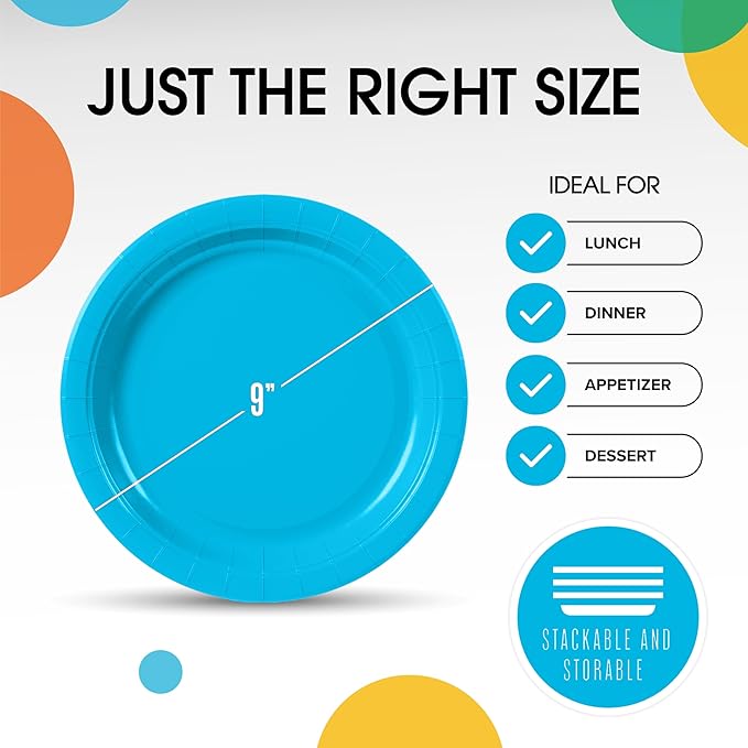 Exquisite Turquoise Paper Plates Disposable Heavy Duty 9 Inch Turquoise Disposable Plates For Party 100 Pcs Heavy Duty Paper Plate 350 GSM, Birthday Party Supplies Plate Set