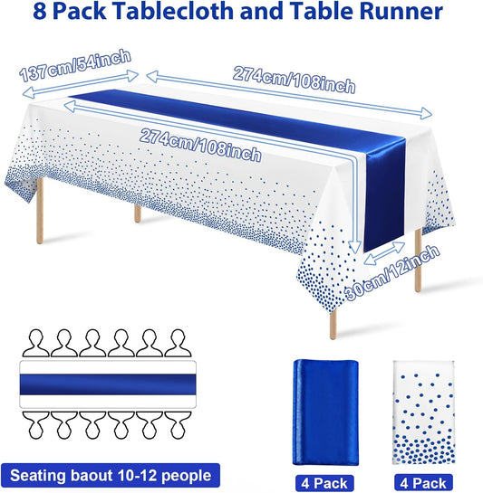 8Pack Disposable Plastic Tablecloths and Satin Table Runner White and Royal Blue Dot Tablecloth Blue Satin Table Runner for Wedding Birthday Baby Shower Anniversary Christmas New Year Party Supplies