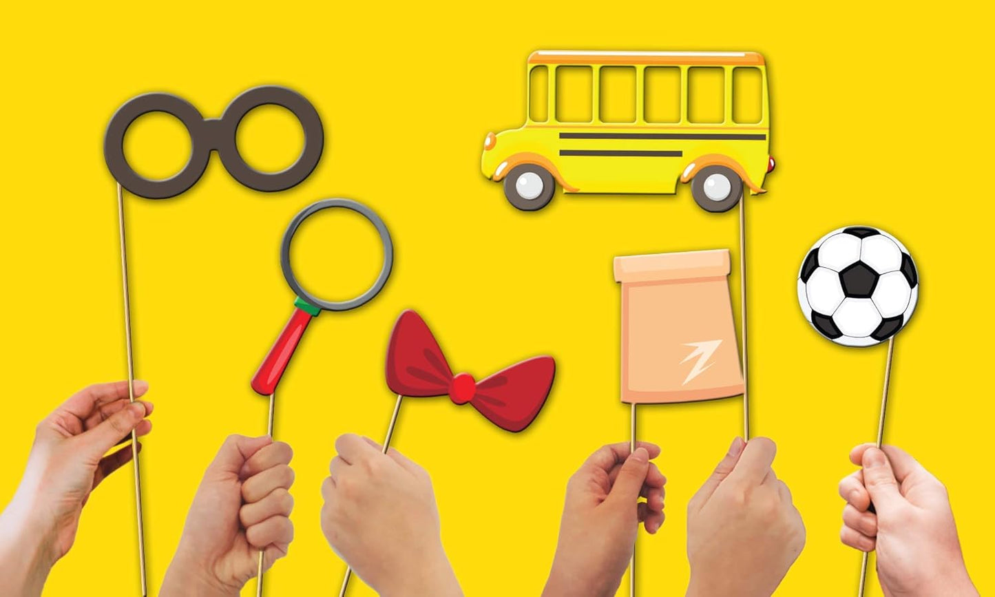 School Bus Photo Booth Props Kit - 20 Pack Party Camera Props Fully Assembled