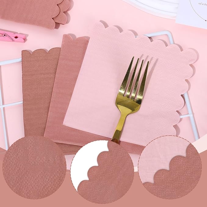 Whaline 150Pcs Dusty Pink Cocktail Napkin Gradient Color Scalloped Paper Napkin 3 Colors Thick Disposable Party Dinner Dessert Beverage Napkin for Party Supplies Table Decor, 5 x 5 In