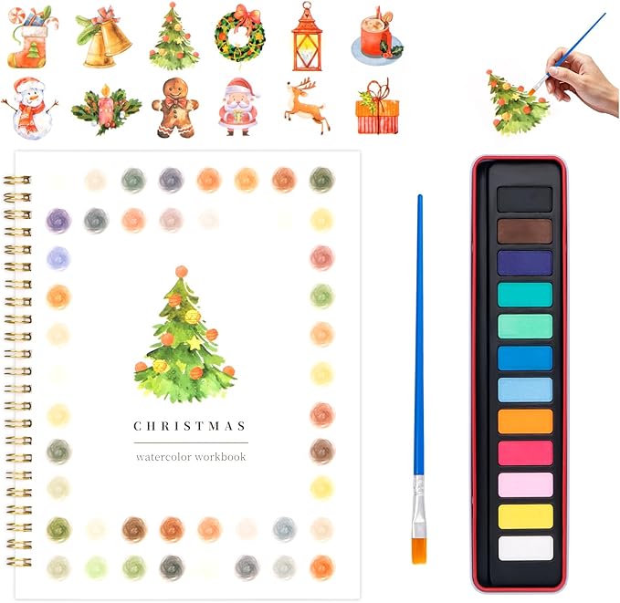 Kivzex Watercolor Workbook for Adults, Beginner Friendly Watercolor Painting Kit Christmas Water Coloring Book, Nature-Themed Practice Art Gift Water Color Paint Book with Palette and Brush