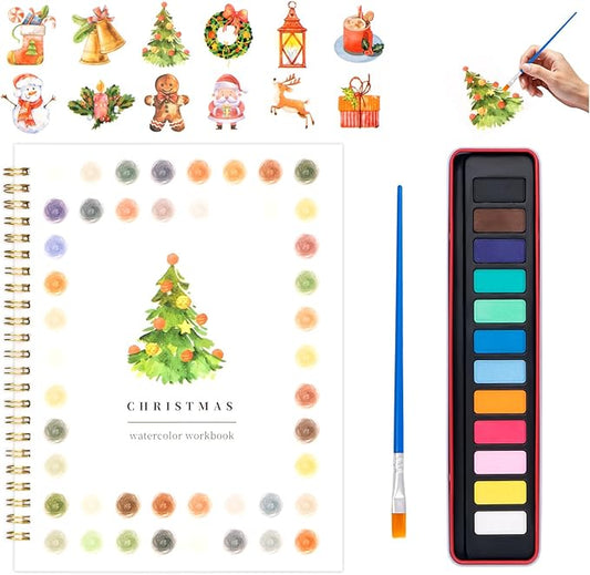 Kivzex Watercolor Workbook for Adults, Beginner Friendly Watercolor Painting Kit Christmas Water Coloring Book, Nature-Themed Practice Art Gift Water Color Paint Book with Palette and Brush