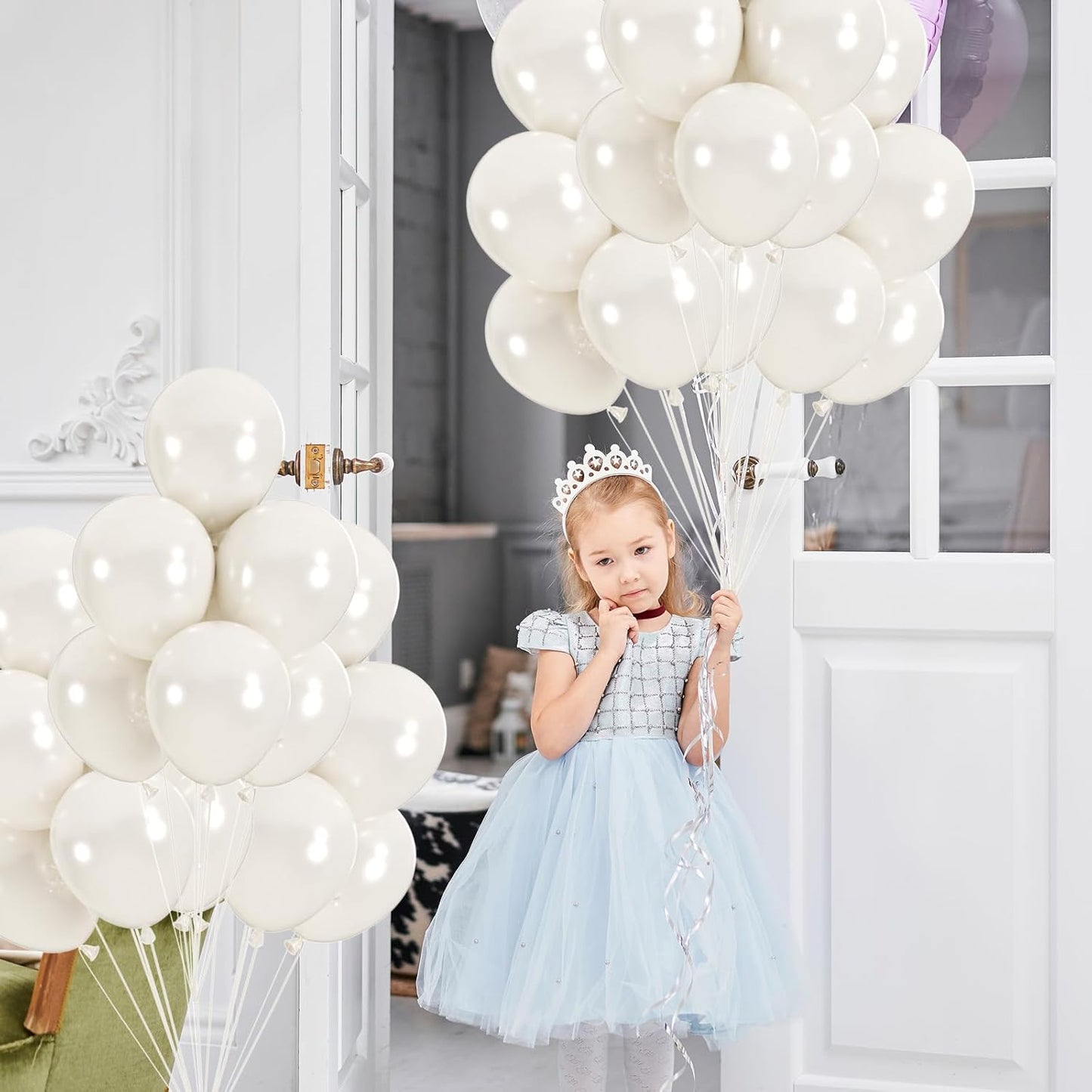 50pcs Pearl White Balloons, Helium 12inch Pearl White Party Balloon for Bridal Baby Shower Engagement Wedding Birthday Valentine’s Party Decorations (With Ribbon & Glues)