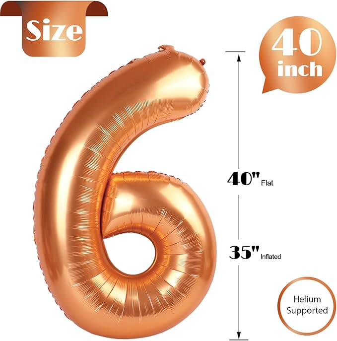 Orange Number 6 Balloon 40 Inch, 6th Birthday Party Decorations for Children, Giant 6 Foil Balloon for Party Supplies