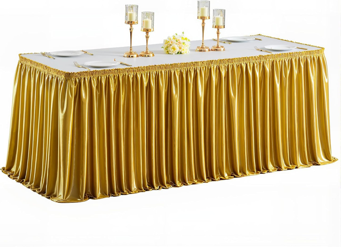 Wish Care 6ft Gold Satin Table Skirt for Rectangle Tables Wrinkle Free Glitter Desk Skirts Pleated Ruffle Table Cloth for Wedding Birthday Graduation Cocktail Party Buffet Display Table Decorations