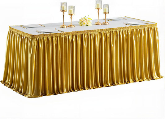 Wish Care 6ft Gold Satin Table Skirt for Rectangle Tables Wrinkle Free Glitter Desk Skirts Pleated Ruffle Table Cloth for Wedding Birthday Graduation Cocktail Party Buffet Display Table Decorations