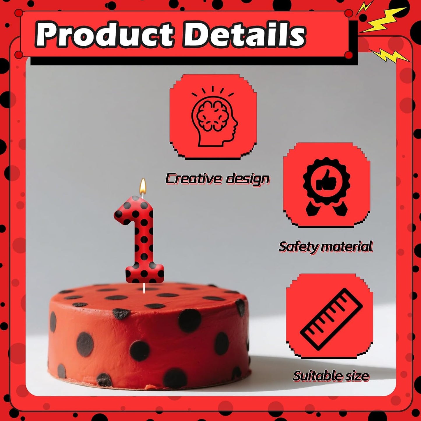 Ladybug Theme Birthday Candles - Red & Black Polka Dot Decorative Candles for Kids Ladybug Themed Parties, Baby Showers, Birthday Cakes, and Ladybird Inspired Celebrations(Number 1)