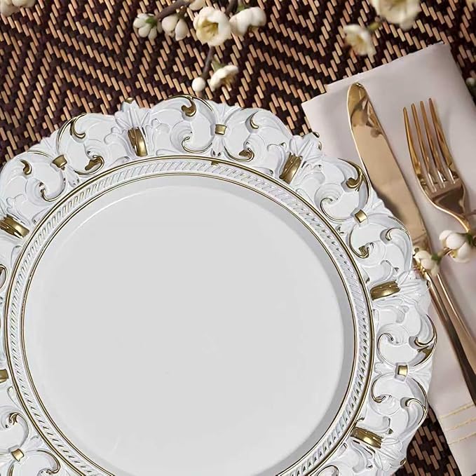 6 Pack White Charger Plates 13" Round Charger Plates for Dinning Plates with Embossed Rim Plastic Charger for Dinner, Wedding, Elegant Tableware Decor