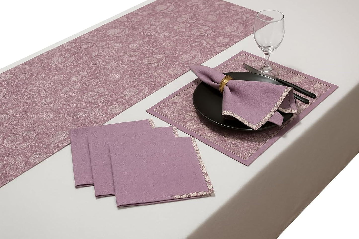 Indtresor Indian Heritage Fabric Cotton Table Linen Reversible Set Runner Napkins Mats in Purple