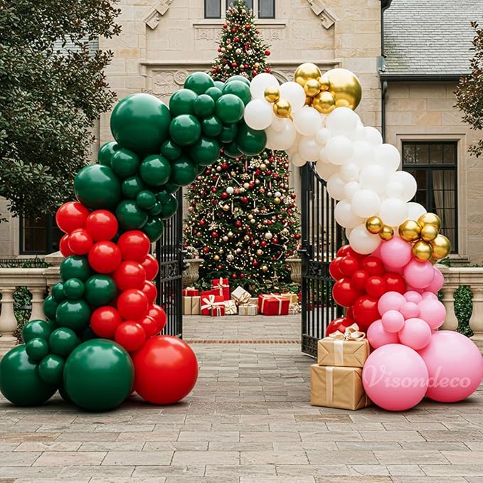 Christmas Balloon Arch Kit – 143pcs Double Stuffed Green, Red, Green, White, Pink & Gold Balloons Garland, Xmas Balloon Arch Decorations for Holiday Party, Merry Christmas Balloons Decor Supplies