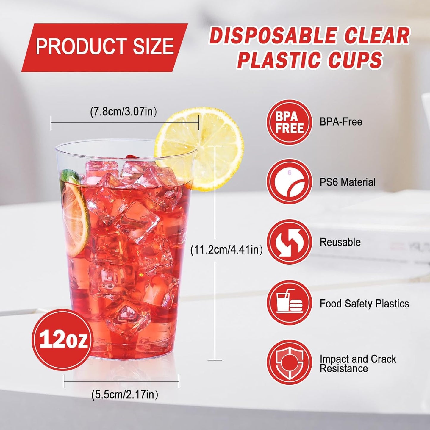 100 Pack 12 oz Clear Plastic Cups, Disposable Wine Cups for Cocktail Party, Polystyrene Hard Plastic Cup with Higher Heat Resistance(12oz 100count)