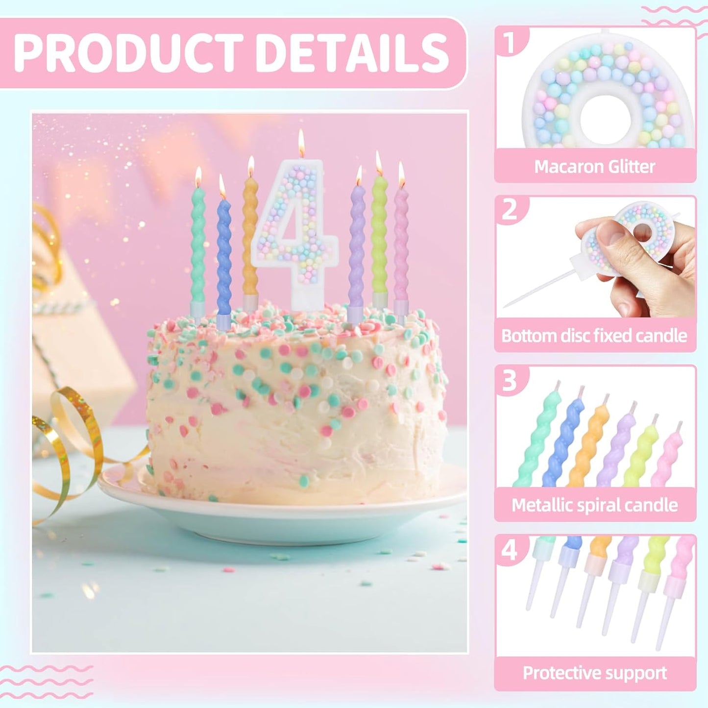 Number 4 Birthday Candles for Cake with 15 Pieces Spiral Candles with Macaron Pastel Rainbow Pink Cake Toppers for Girls Happy Birthday Party Decorations