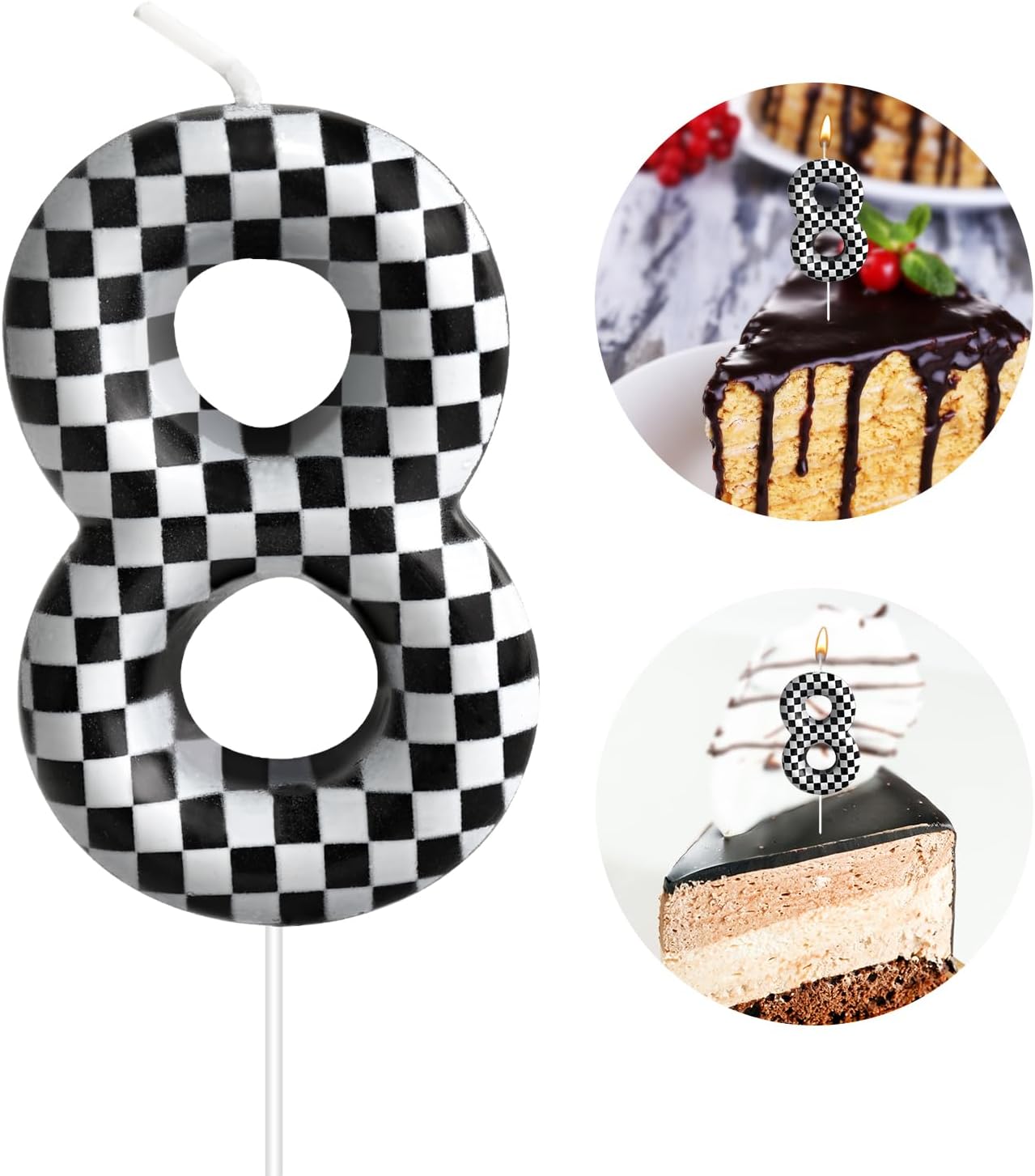 Racing Cars Themed Birthday Candle Number 8 Checkered Candle Birthday Party Decoration Cake Topper for Racing Car Party Decoration Theme Party Supplies (Number 8)