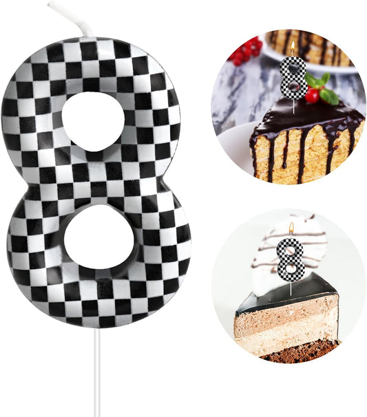 Racing Cars Themed Birthday Candle Number 8 Checkered Candle Birthday Party Decoration Cake Topper for Racing Car Party Decoration Theme Party Supplies (Number 8)