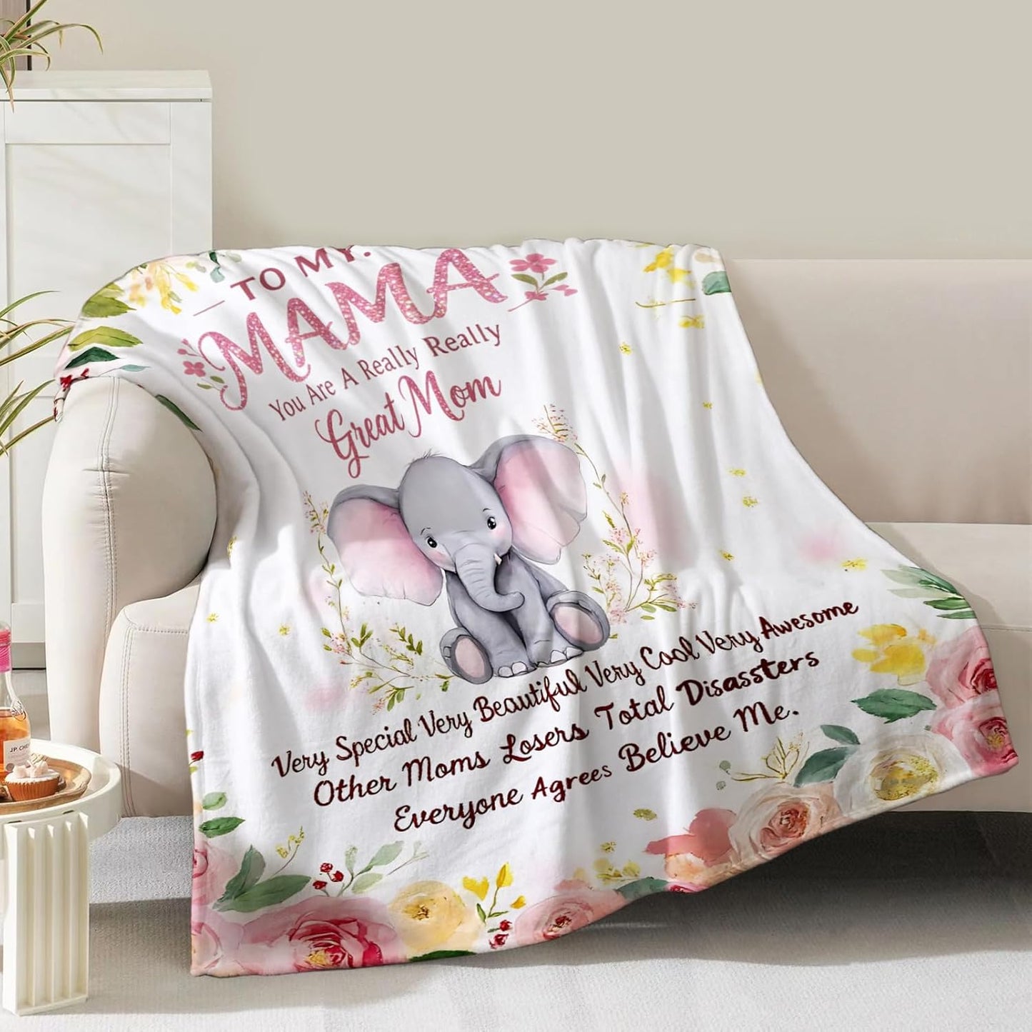 Mom Gifts from Daughters Son Rose Floral Blanket, Birthday Valentines Christmas Mothers Day White Elephant Presents for Mama from Dad, Soft Flannel Pink Red Roses Flower Throw Decor Couch Sofa 60"x50"