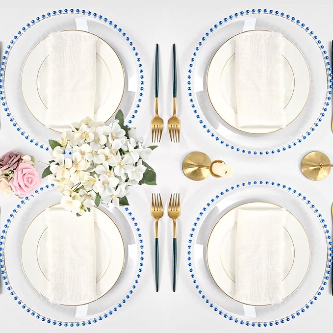 24 PCS Clear Round Charger Plates with Beaded Rim, 13 Inch Plastic Acrylic Plate, Plastic Round Beaded Dinner Decorative Service Plates for Wedding Party Event, Home Kitchen Tabletop(Royal Blue)