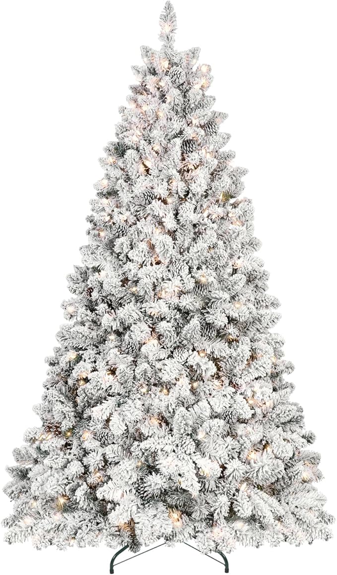 5FT Prelit Flocked Christmas Tree with 300 Lights & 600 Branch Tips, Pre Lit Hinged Xmas Tree with Memory Wire Technology, Premium Artificial Christmas Tree with Pine Cone for Holiday Decoration