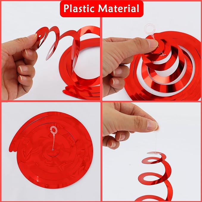BEISHIDA Red Green Gold Hanging Swirls Party Decorations Plastic Streamer for Christmas Hanging Ornament Decorations, Christmas Wedding Graduation Party Supplies, Pack of 24