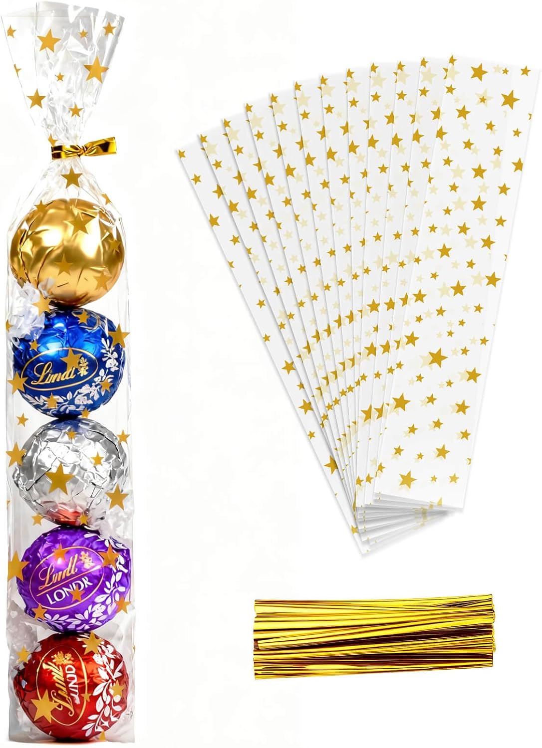 Cherodada 100 Pcs Star Printed Gift Cellophane Treat Bags, Celebrations Baby Showers Weddings Birthday Party Gift Wrapping(2x10 Inch)