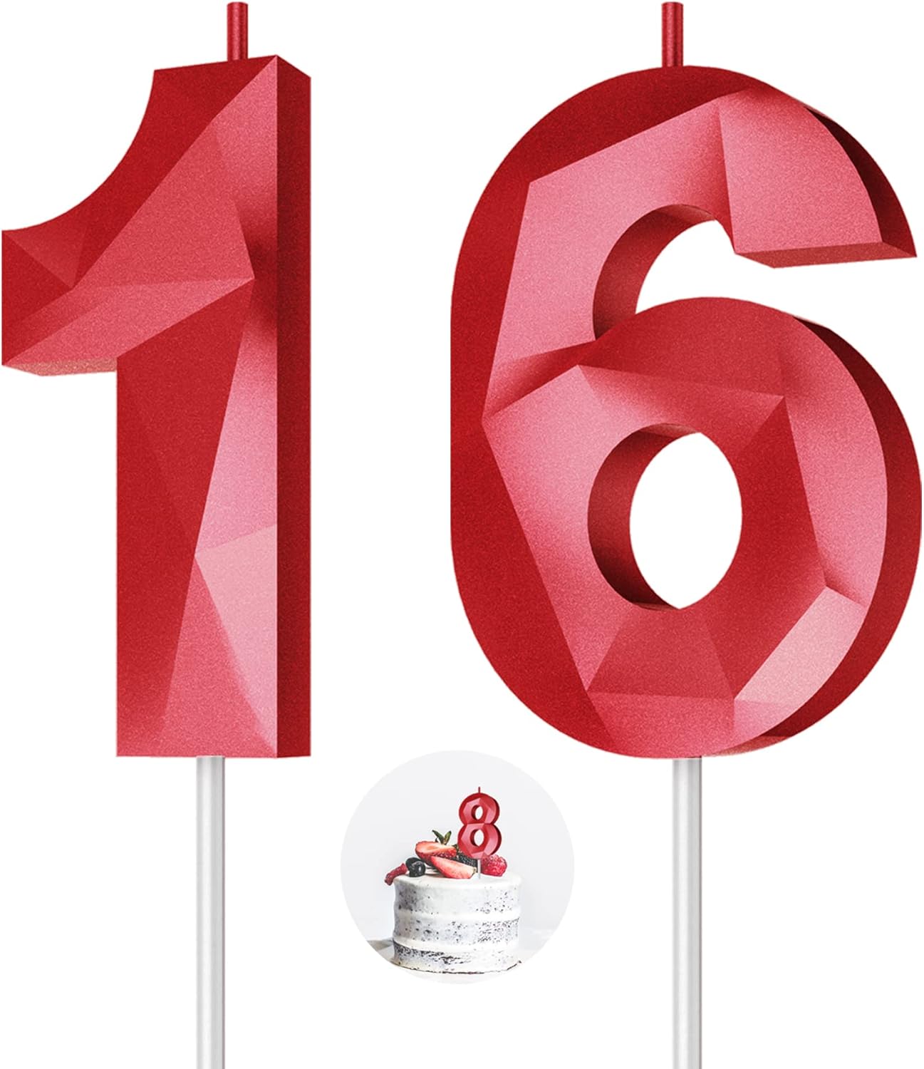 Number Birthday Candles(16 Candle Red) 3D Diamond Shape Number Happy Birthday Cake Candles for Birthday Party Wedding Decoration Reunions Theme Party