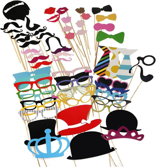 Tinksky Photo Booth Props 60 piece DIY Kit for Wedding Party Reunions Birthdays Photobooth Dress-up Accessories & Party Favors, Costumes with Mustache on a stick, Hats, Glasses, Mouth, Bowler, Bowties