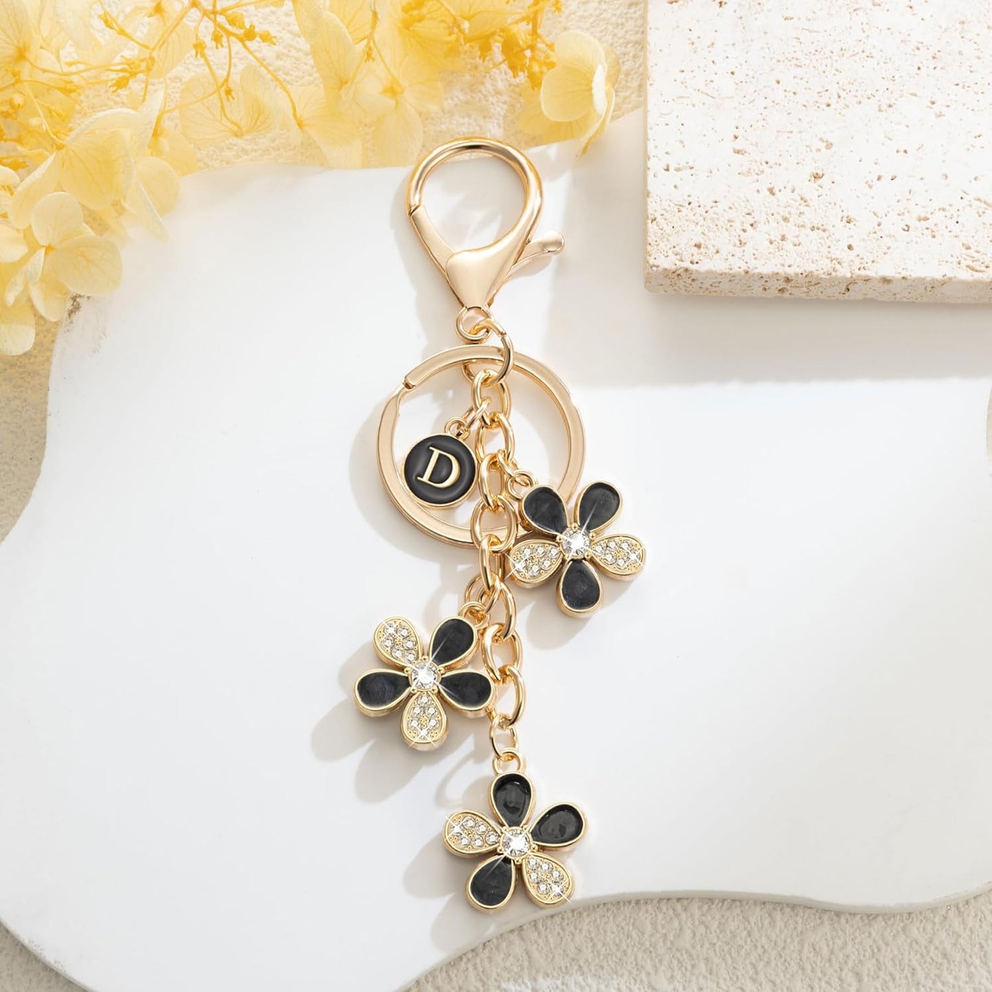 XGALBLA Cute Flower Crystals Rhinestone Initial Letter Keychain for Women, Bag Charms Bling Sparkly Enameled Keychain Handbag