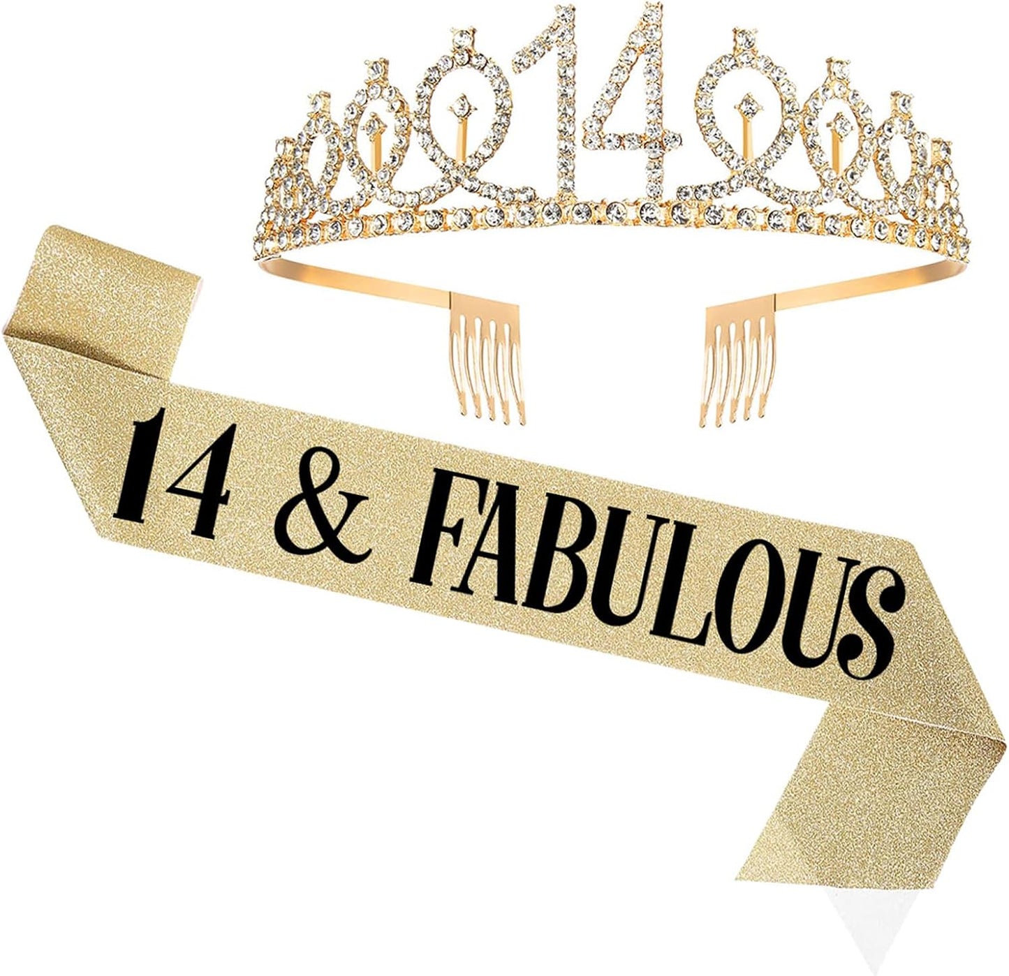 14th Birthday Sash and Tiara, 14 & Fabulous Sash and Tiara Birthday Crown, Happy 14th Birthday Gifts for Party Favors Supplies and Decorations, Gold