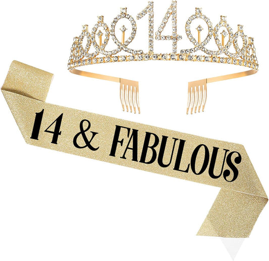 14th Birthday Sash and Tiara, 14 & Fabulous Sash and Tiara Birthday Crown, Happy 14th Birthday Gifts for Party Favors Supplies and Decorations, Gold