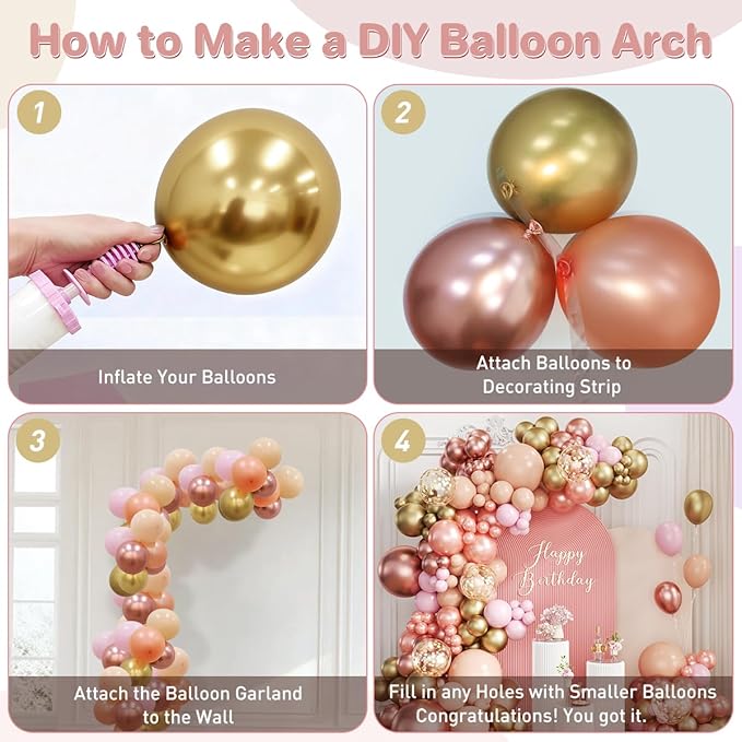 Pink and Gold Balloon Garland Arch Kit, 167Pcs Metallic Pearl Rose Gold Pastel Pink Nude Latex Balloons for Women Girl Princess Birthday Engagement Wedding Party Decorations