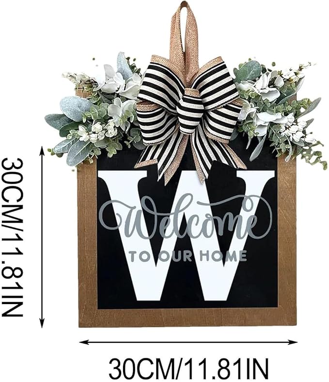 Last Name Year Round Front Door Wreath Front Porch Decoration 26 Letter Welcome Sign with Eucalyptus Garland and Bow Spring Wreaths for Front Door Outside Hanger Garland（W）