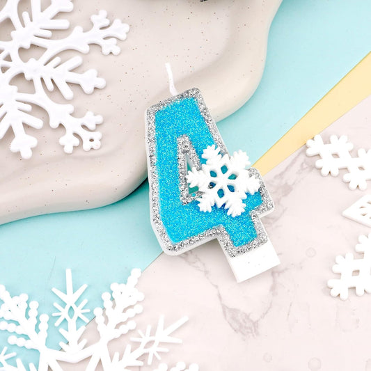 Frozen Themed Birthday Candles Party Decorations, Blue and Silver Number 4 Birthday Candle, Happy Birthday Candle for Cake, Snowflake Cake Topper Decoration for 4th 4 Year Old Party Favor Supplies