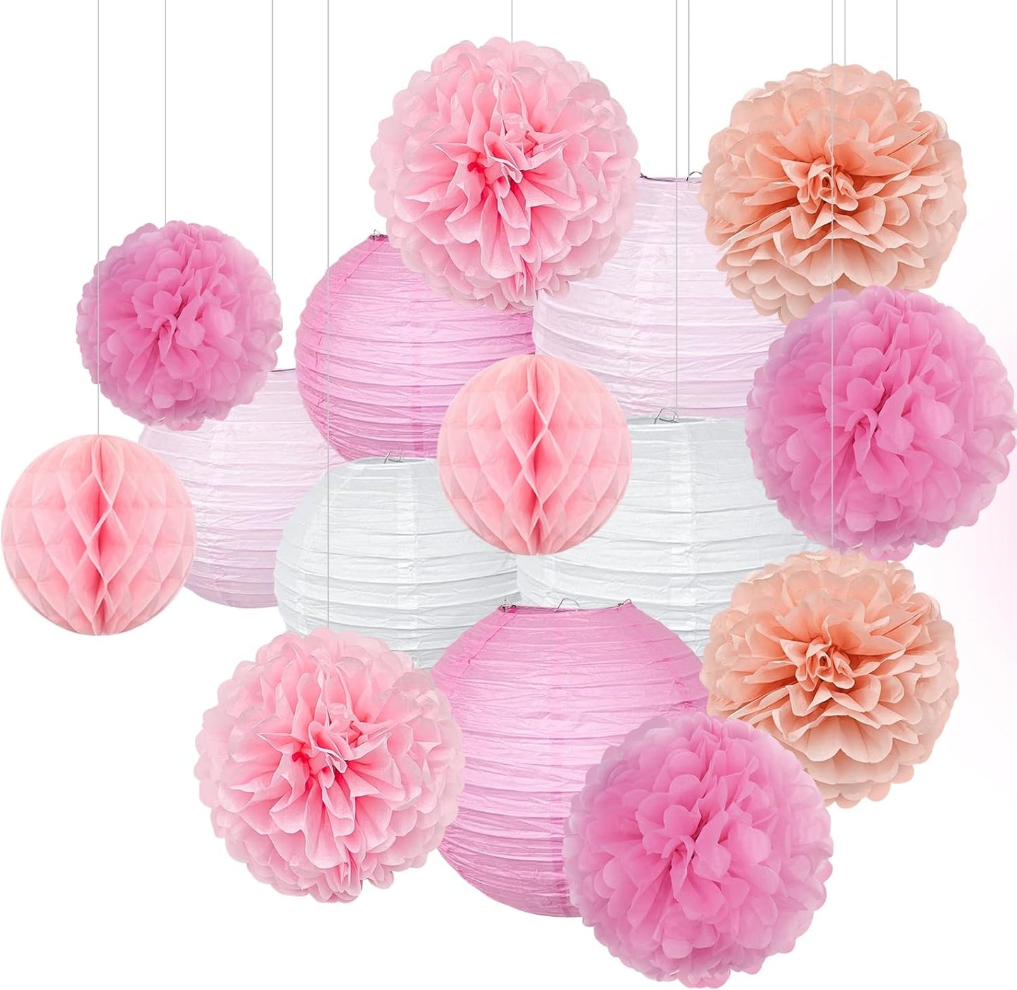 15pcs Party-Decorations Paper-Flowers Lanterns Party Pack and Pom Pom Balls Hanging Decoration for Wedding Birthday Baby Shower-Bachelorette Bridal Wedding Engagement Supplies Decor