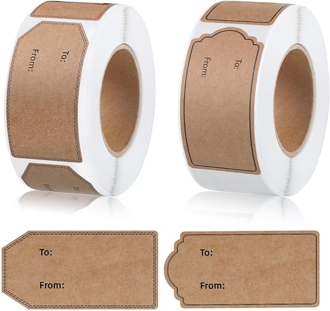 auroray 600 Pcs Natural Brown Kraft to and from Gift Tag Stickers 1.18"X2.36", Kraft to from Adhesive Gift Labels Sticker Christmas Holiday Present Labels, 300 Pcs/Roll