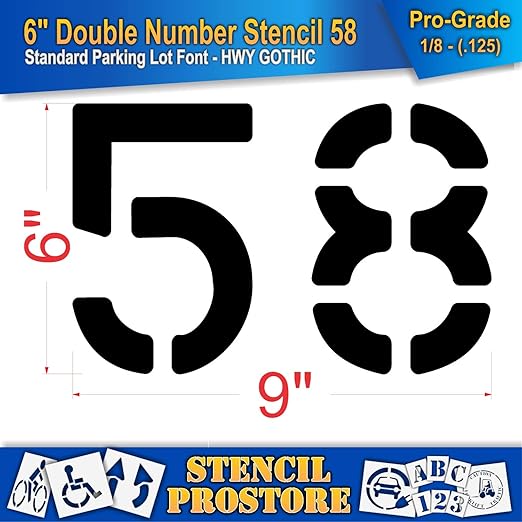 Pavement, Curb, and WheelStop Stencils - 6 inch Double Number Stencil - (58) - 6" x 9" x 1/8" (128 mil) - Pro-Grade