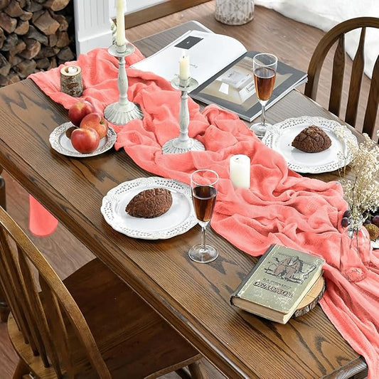Artoid Mode Boho Cheesecloth Gauze Coral Wedding Table Runner, 120 Inch Seasonal Fabric Kitchen Dining Holiday Table Decor for Home Party Indoor