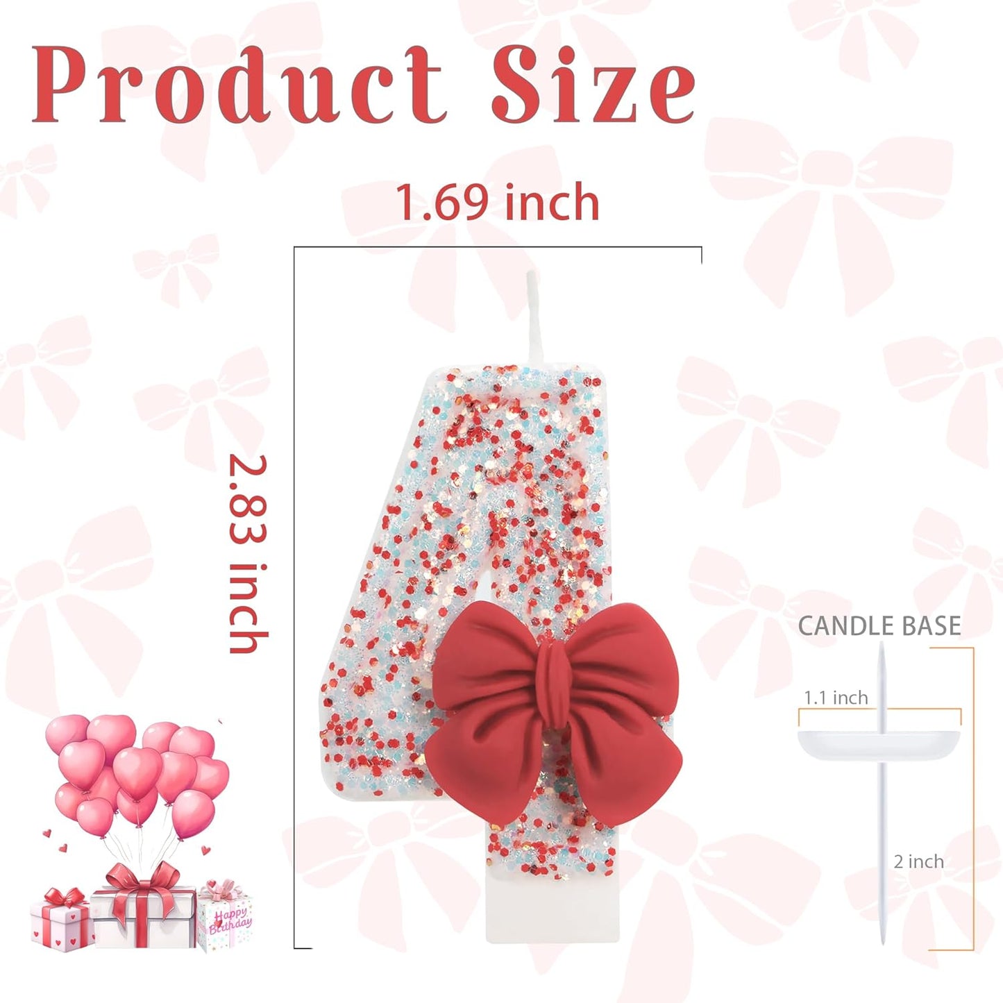 Birthday Candle for Cake, Red Bow Number Candles, 2.76 inch Cake Topper Decoration for Birthday Party (Number 4)