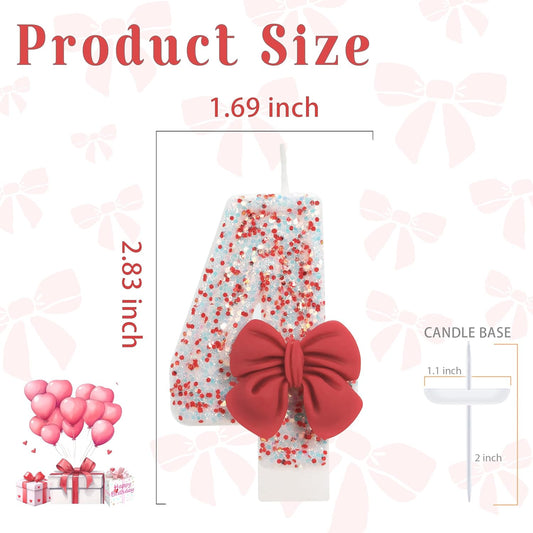 Birthday Candle for Cake, Red Bow Number Candles, 2.76 inch Cake Topper Decoration for Birthday Party (Number 4)