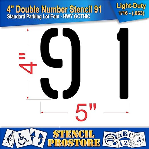 Pavement, Curb, and WheelStop Stencils - 4 inch Double Number Stencil - (91) - 4" x 4" x 1/16" (63 mil) - Light-Duty