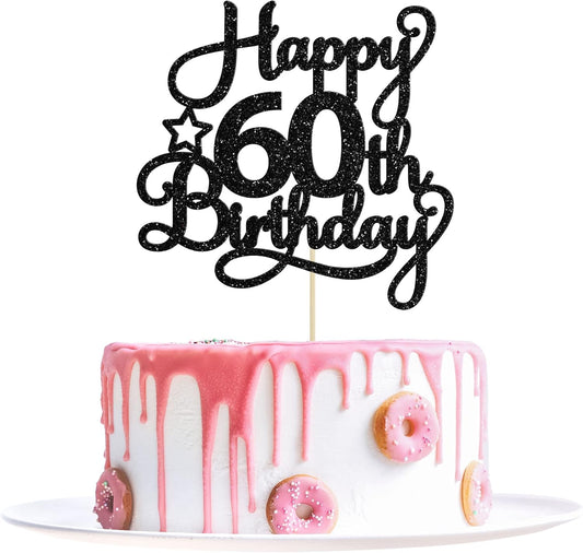 1 Pack Happy 60th Birthday Cake Topper Black Glitter 60 & Fabulous Cheers to 60 Years Old 60th Birthday Cake Pick for Celebrating 60th Birthday Anniversary Party Cake Decorations Supplies