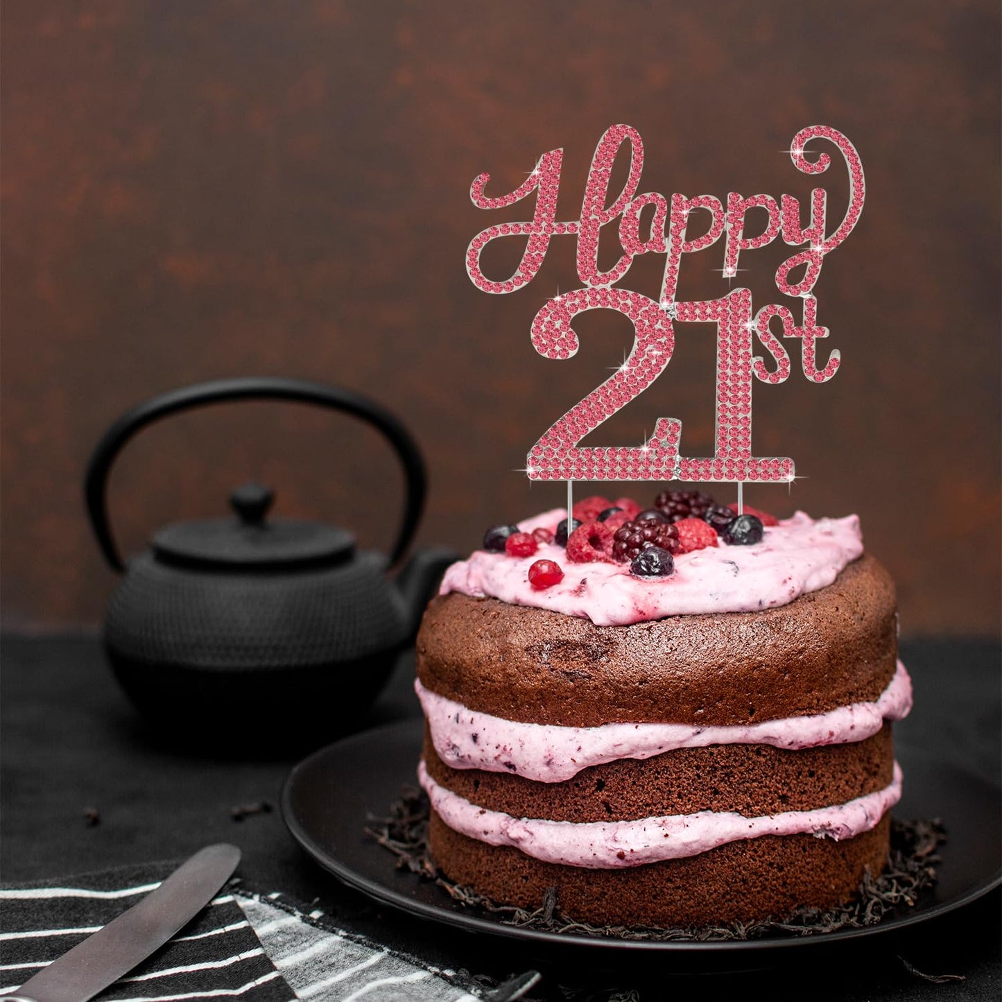 LASKYER Happy 21st Birthday Decorations,21st Birthday Silver & Red Rhinestone Cake Topper - Cheers to 21 Years Old Bday Party Metal Sparkly Cake Centerpieces Sign.